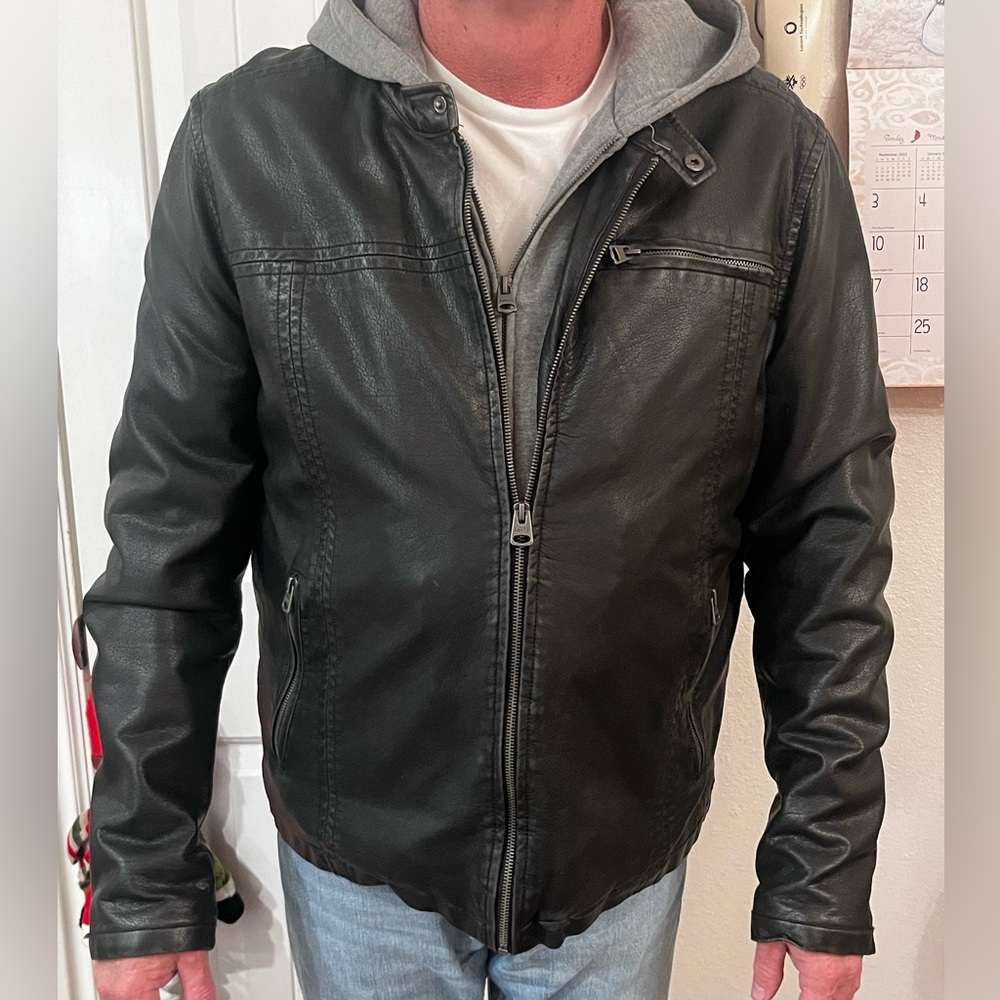 Men’s faux leather and jersey hoodie lined jacket
